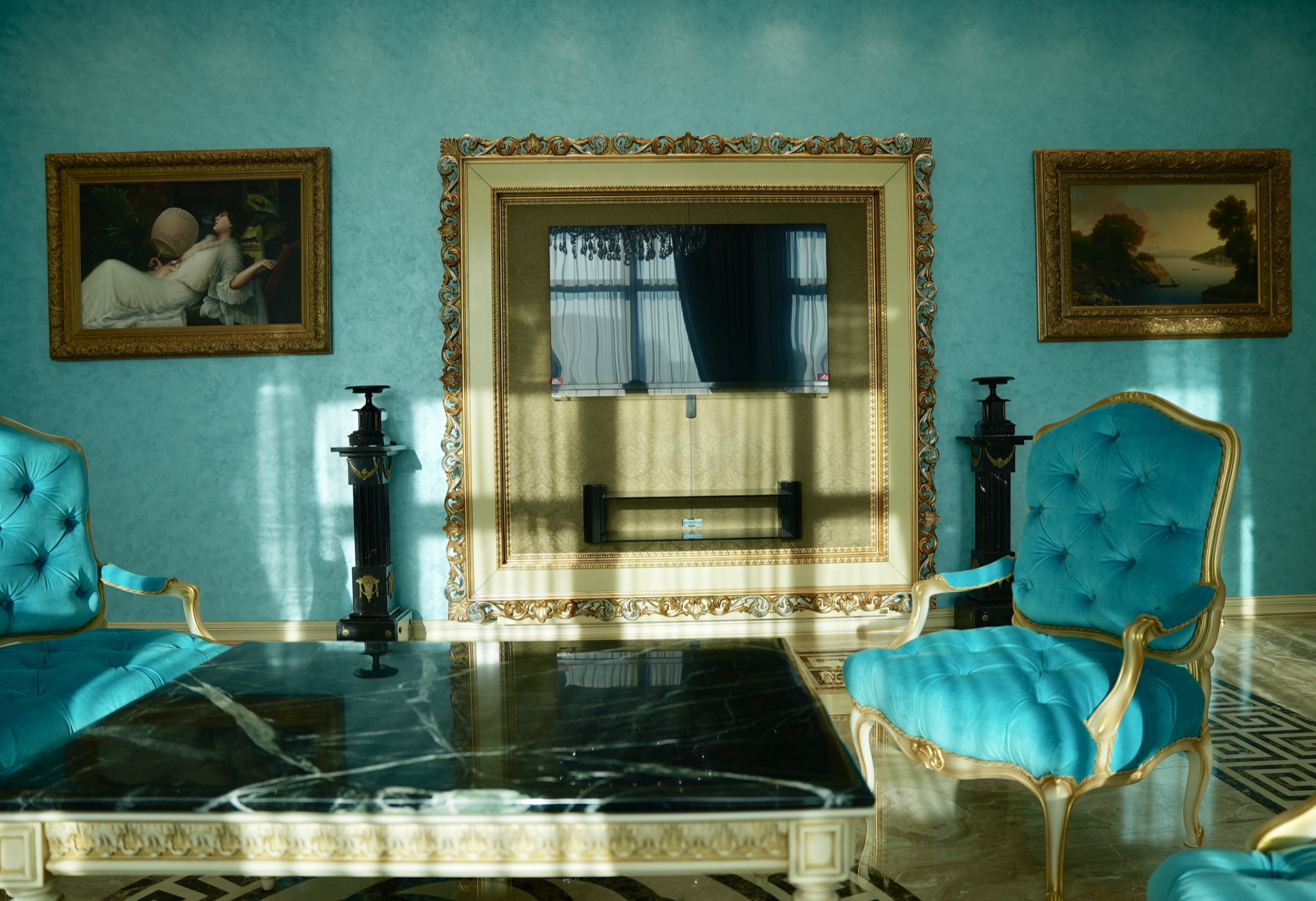Zuber damask wallpaper with silk drapery